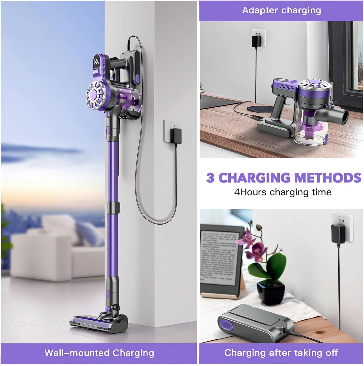 Cordless Vacuum Cleaner,Vacuum Cleaners for Home with Super Suction,Lightweight Stick Vacuum with 35 Mins Runtime,Rechargeable Cordless Vacuum for Pet Hair, Hardwood Floors(Black Purple)