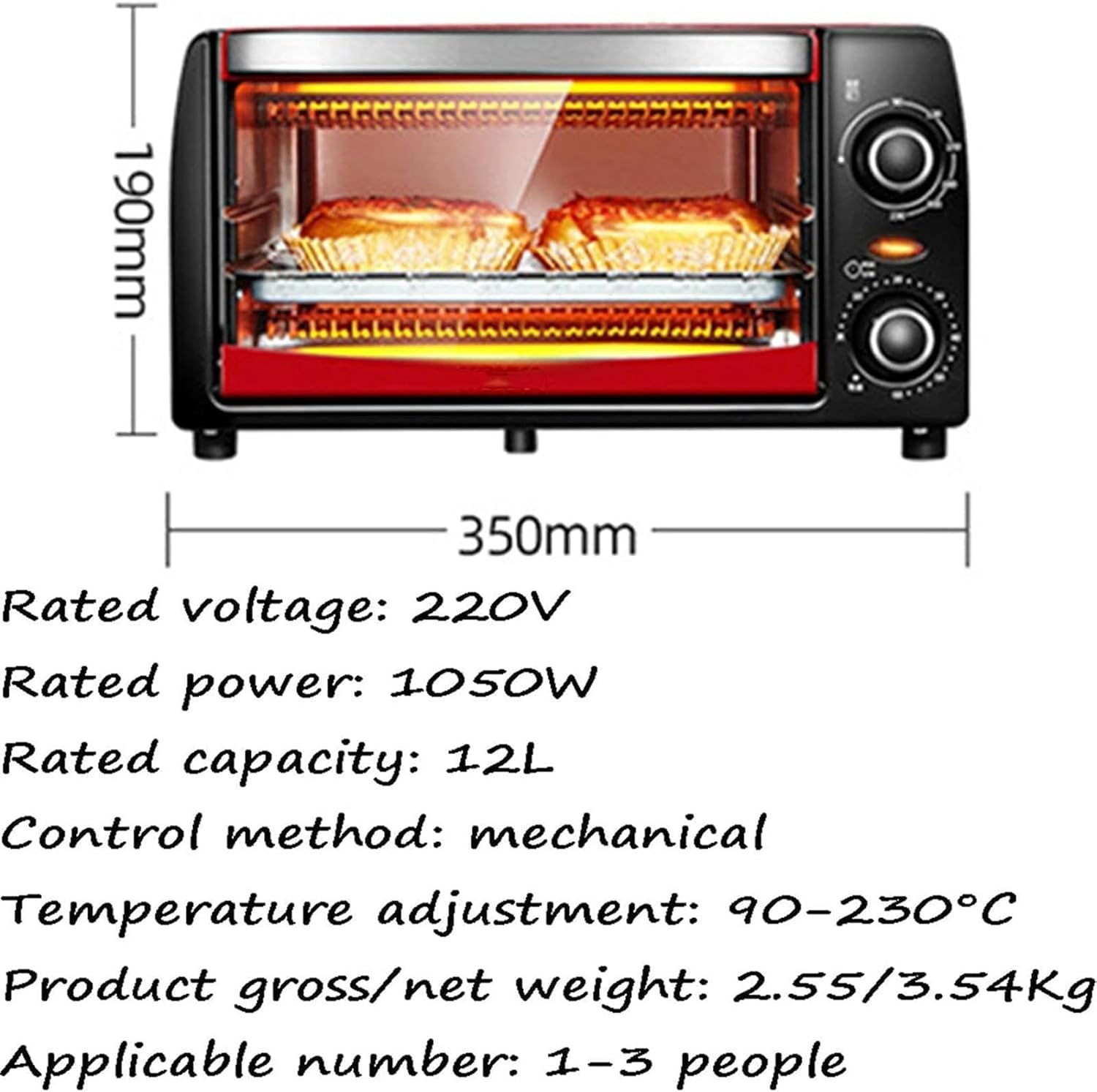 AMNOOL Household Intelligent 12L Electric Oven,Multifunctional Large-Capacity Chicken Oven Microwave Oven with Bakeware Pizza Baking Mini Oven Red (Red) (Red) Aesthetic and Practical-1*
