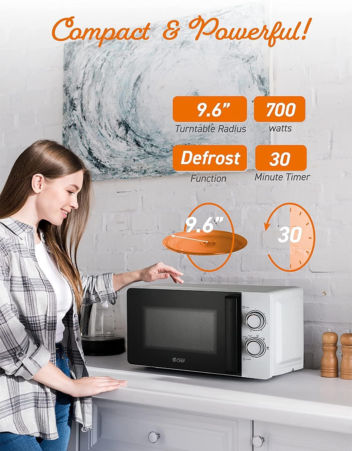 Commercial CHEF Small Microwave 0.7 Cu. Ft. Countertop Microwave with Mechanical Control, White Microwave with 6 Power Levels, Outstanding Portable Microwave with Convenient Pull Handle