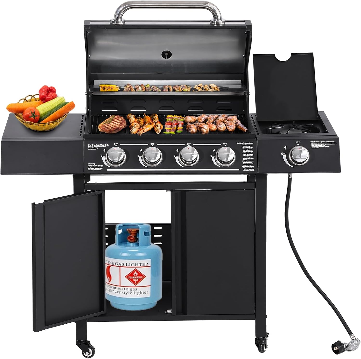 4-Burner Propane Gas BBQ Grill High-Strength Cast Iron with Side Burner, Portable 50,000 BTU Barbecue Grills with 4 Wheels and 449 SQ.IN. Cook Area for Outdoor Cooking and Backyard BBQ (Black)