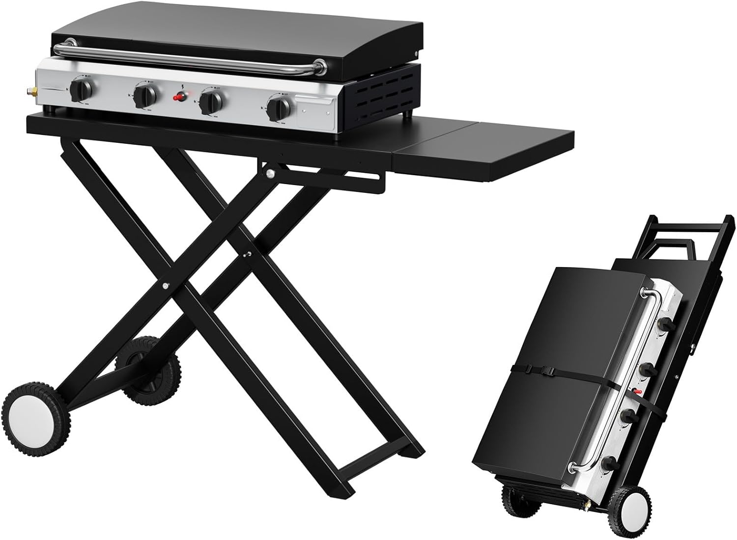 Bonnlo Foldable Flat Top Grill with 4 Burner & Lid, Powerful 40,000 BTU Propane Gas Grills with Ignition, Enamel Griddle, Side Shelf & Portable Cart with Wheels for Outdoor Camping Hibachi Grill Use