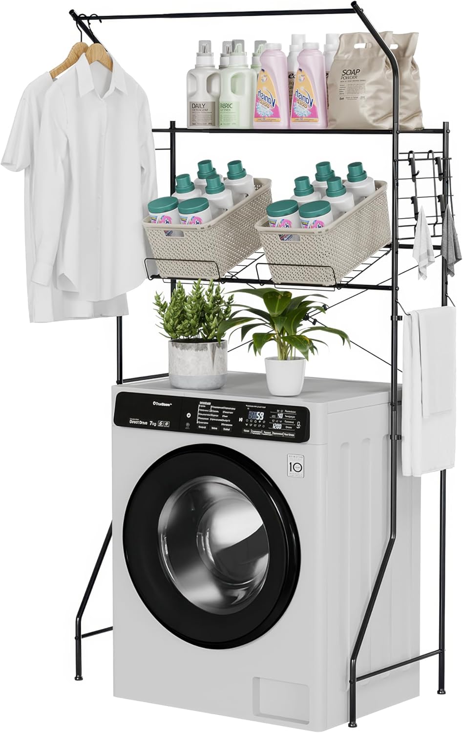 Laundry Room Storage Shelf, 2 Tier Metal Over Washer and Dryer Shelves, Washing Machine Shelf with Hanger Rods & Hooks, Expandable Bathroom Space Saver Shelf, 26–36.8