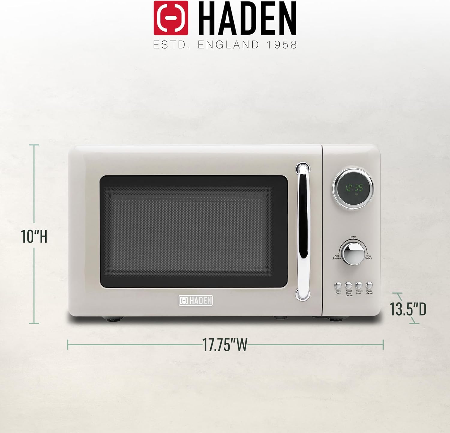 Haden 700 Watt 0.7 Cubic Foot Microwave Oven with Digital Controls, Defrost, and Instant Start Countertop Small Appliance, Putty/Chrome