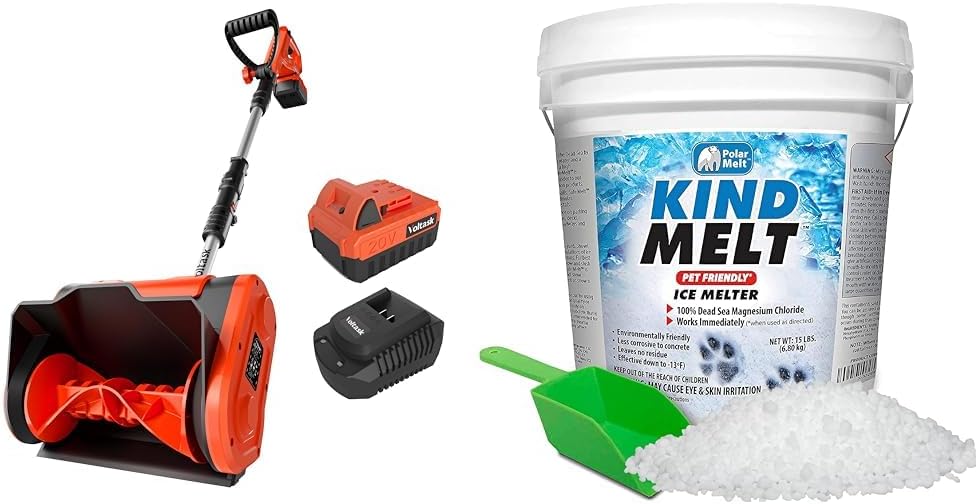 VOLTASK Cordless Snow Shovel - 20V | 10-Inch | 4-Ah Cordless Snow Blower, Battery & Harris Kind Melt Pet Friendly Ice and Snow Melter, Fast Acting 100% Pure Magnesium Chloride Formula