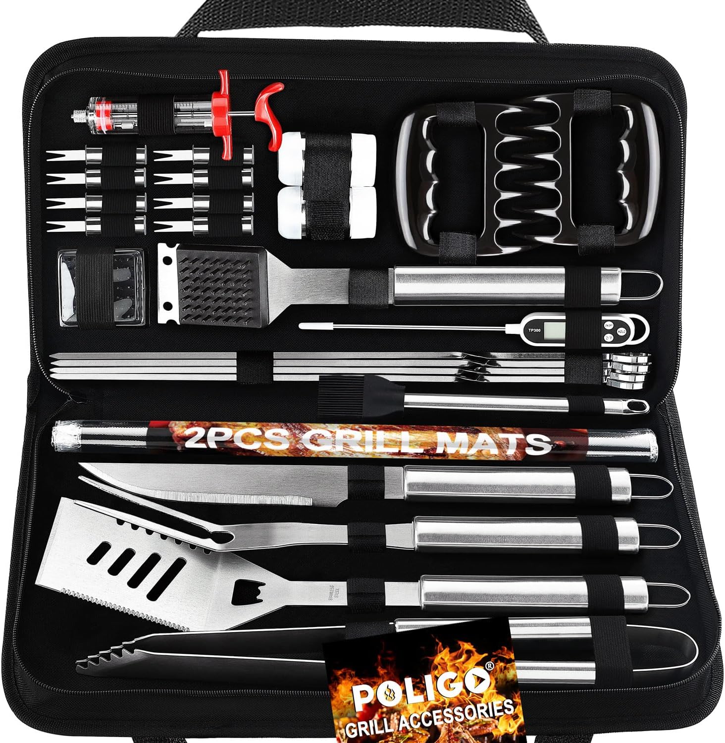 POLIGO 28PC Exclusive BBQ Grill Accessories in Carrying Bag for Birthday Christmas Grilling Gift - Premium Grill Utensils Set with Barbecue Claws, Meat Injector, Thermometer for Smoker, Camping BBQ