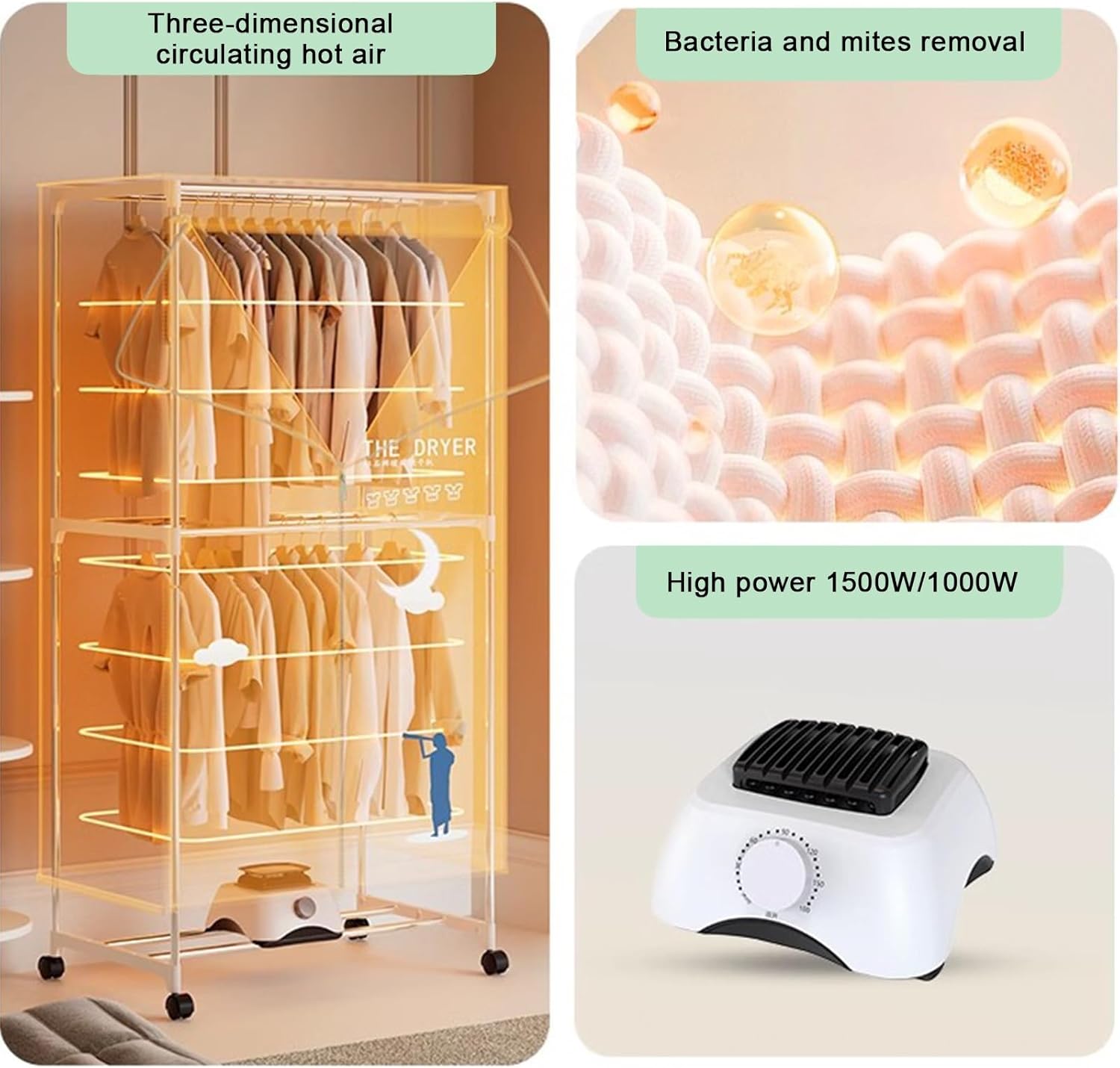 Portable Dryer, Clothes Dryer, 220V 1000 Watt Electric Dryer, Stackable Double Drying Racks for Apartments, RVs, Laundry Rooms(1500W)