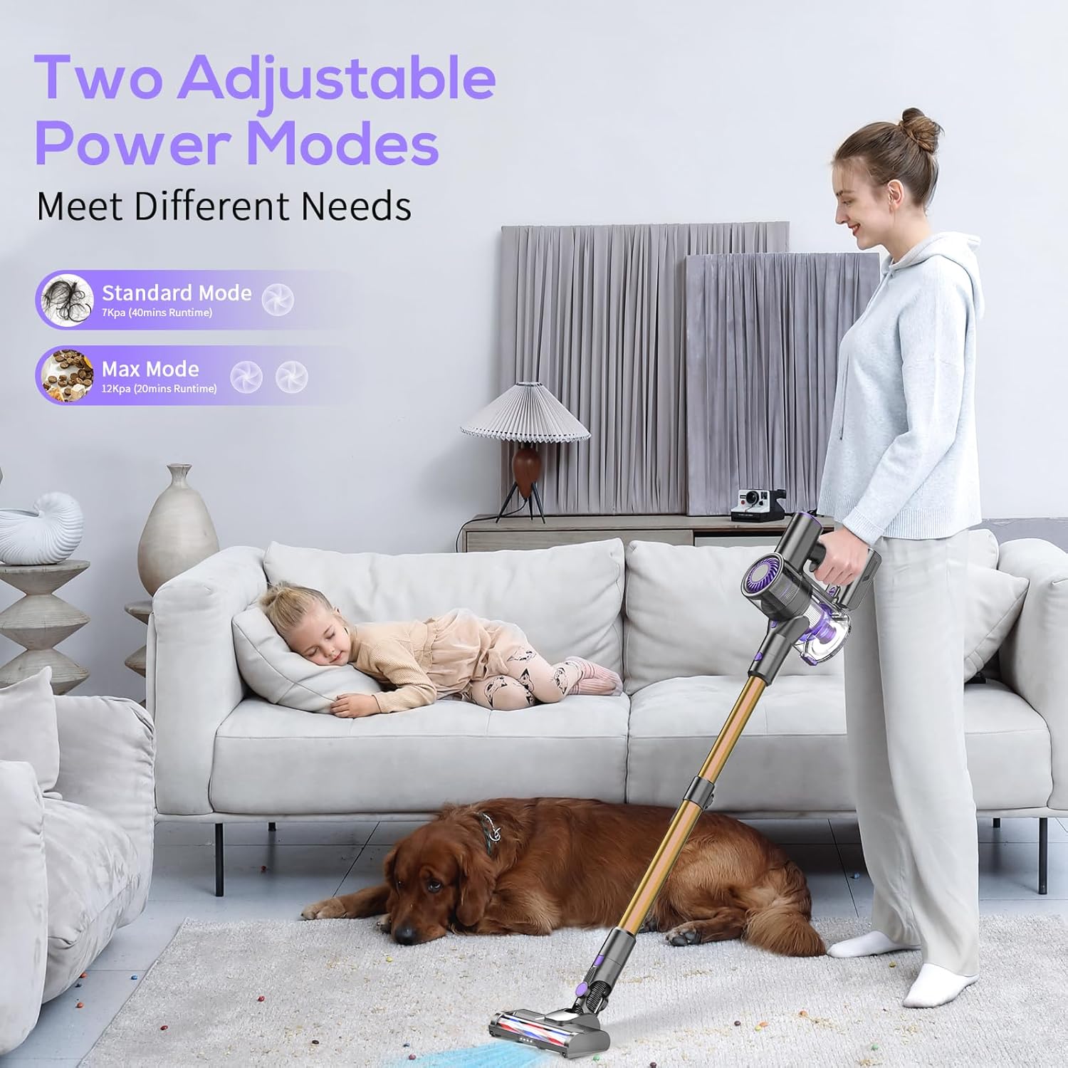 Cordless Vacuum Cleaner, Vacuum Cleaner for Home with 80000 RPM High-Speed Brushless Motor, Up to 40 Mins Runtime, 2 Adjustable Suction, Anti-Tangle, Lightweight Stick Vacuum for Hard Floor (Yellow)