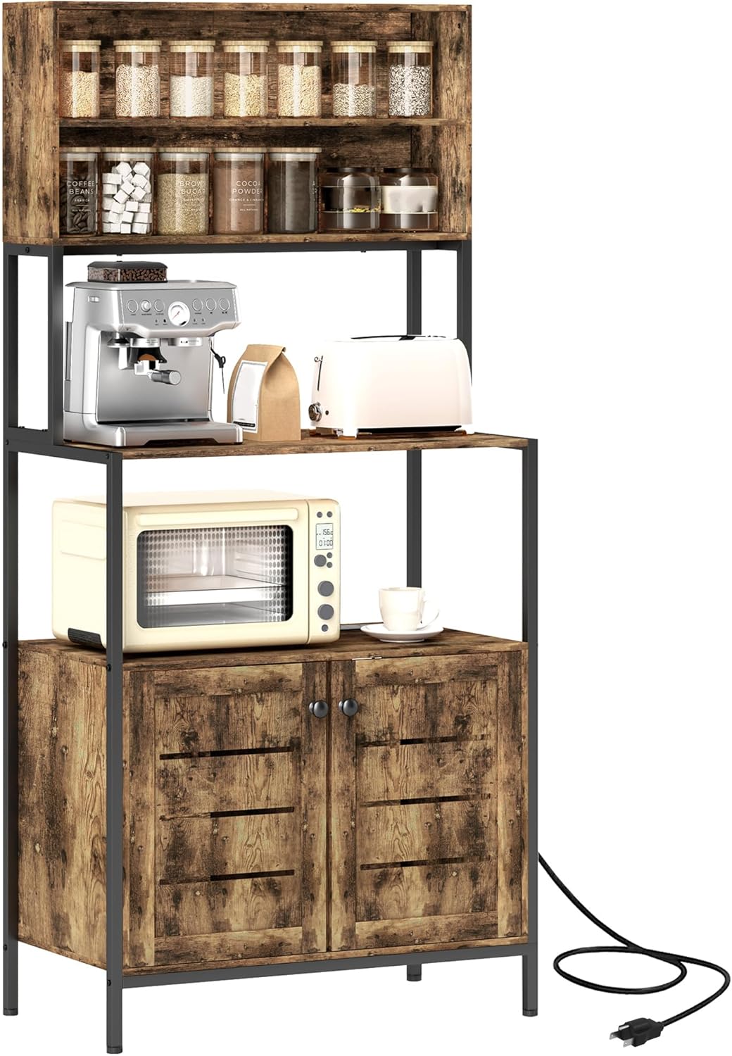 HOMCOM Kitchen Bakers Rack with Power Outlet, Coffee Bar Cabinet with Storage Shelves, Microwave Stand with Louvred Door Cabinets, Rustic Brown