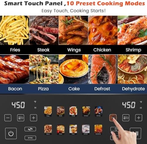 10QT Dual Basket Air Fryer, 12-in-1 Digital Air Fryer Oven with Visible Windows, 5QT x 2 Drawers, One-Touch LED Panel, Sync Finish, Dehydrate, Defrost, Roast, Bake, Reheat, Nonstick & Dishwasher Safe