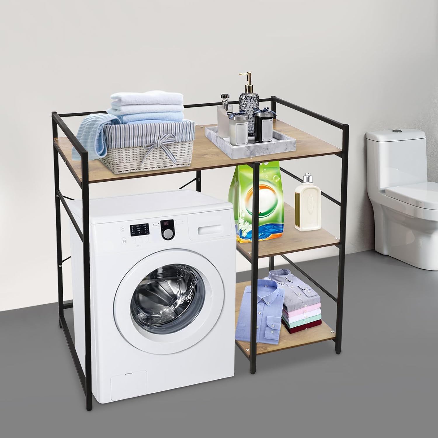 Washer and Dryer Shelves, 3 Tiers Laundry Room Storage and Organizer Standing Shelf, Modern Freestanding Space Saving Storage Utility Rack