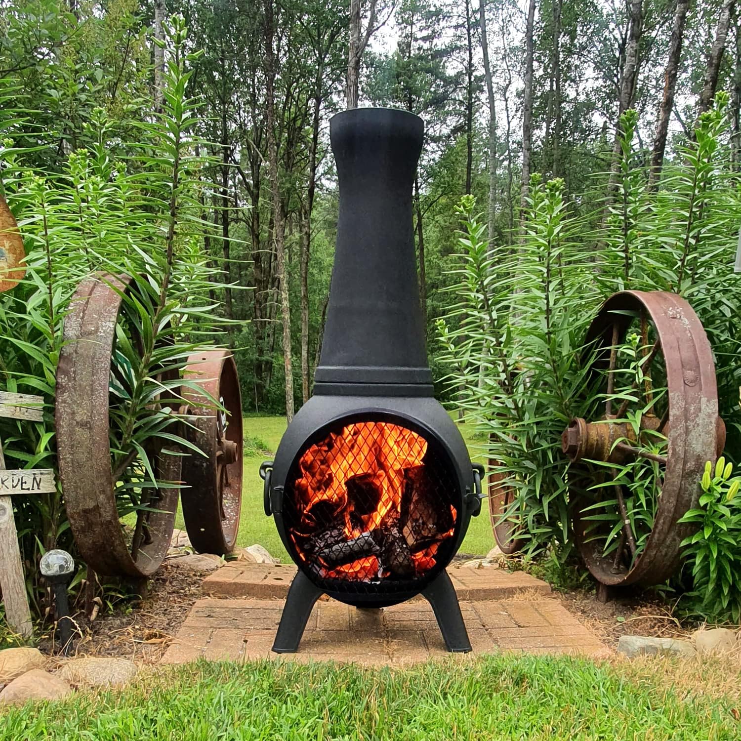 The Blue Rooster Prairie Fire Chiminea Outdoor Fireplace - Wood Burning Cast Aluminum Deck or Patio Firepit 44