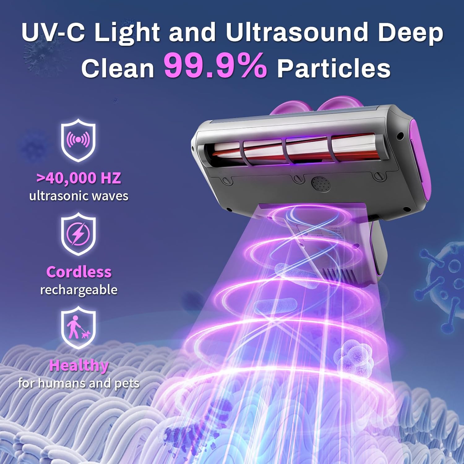 Cordless Mattress Vacuum Cleaner, 16kpa Bed Vacuum Cleaner with 253.7nm Uv-C Light 48000 RPM/Min Brushroll & Ultrasonic Tech Dual Bins for Dust & Widen Suction Port 120w for Bed Sofa(Purple)