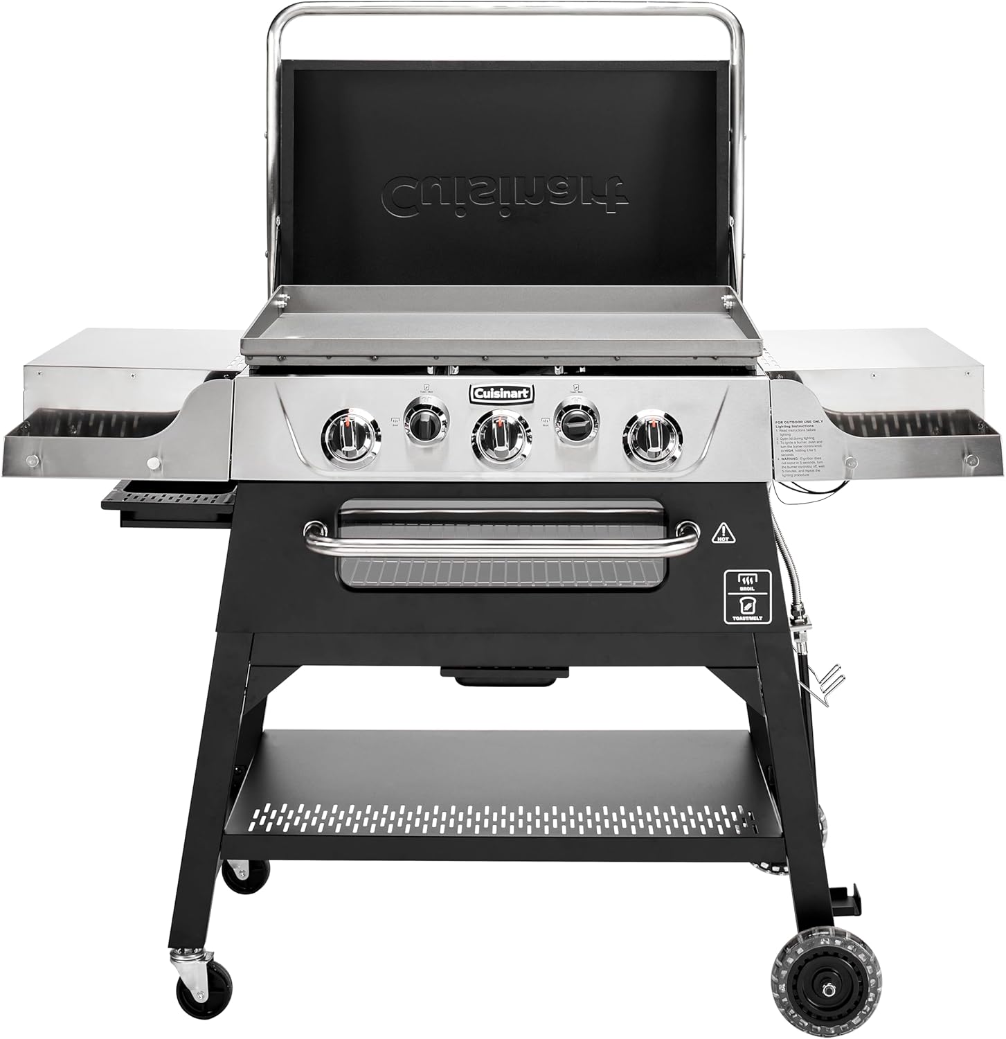 Cuisinart 28” Outdoor Griddler and Broiler Combo, 2-in-1 Carbon Steel Flat-Top Grill and Broiler with Hood, Adjustable Rack, Wheels, Side Tables, Large Cooking Area for BBQs, Outdoor Griddle Station