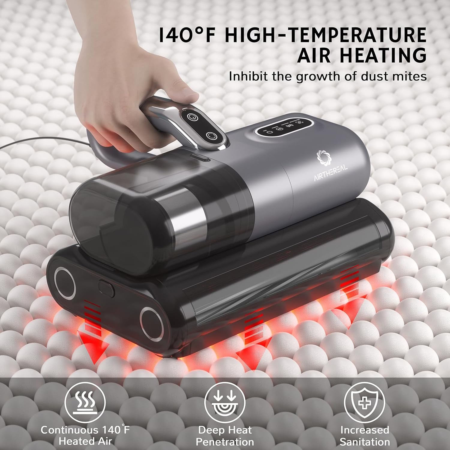 AIRTHEREAL Bundle | M1 Mattress Vacuum Cleaner with 4-Spare Filters, Bed Vacuum with High-Frequency Vibration - 80,000 RPM Dual Brushroll Rotation, UV-C Light, Dust Sensor