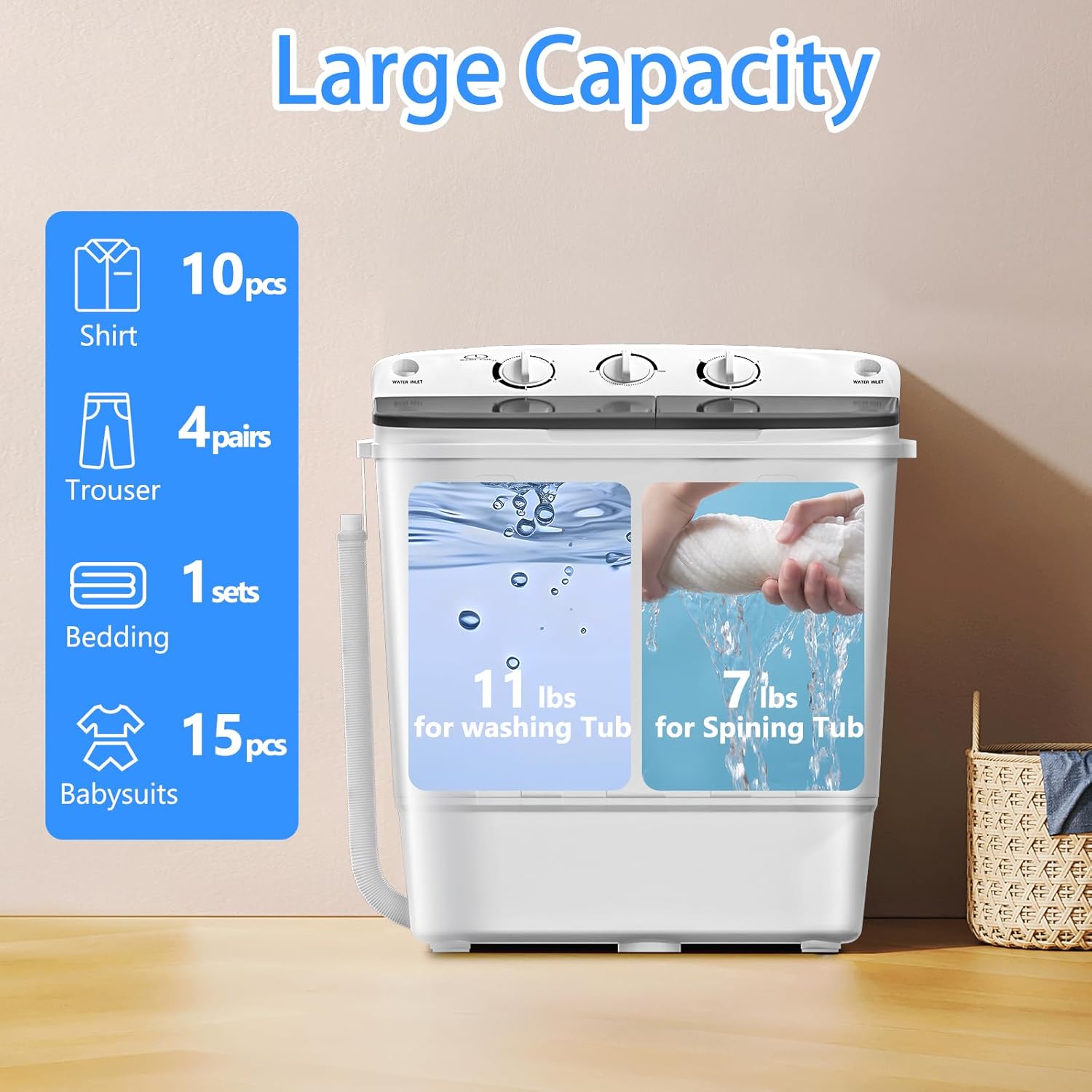 Portable Washing Machine, 18lbs Twin Tub (11+7lbs Washer/Spinner) with 10 Hangers and Drying Rack, for Powerful Stain Removal, Semi-Automatic Compact Washer for Dorms, Apartments, RVs(Black)