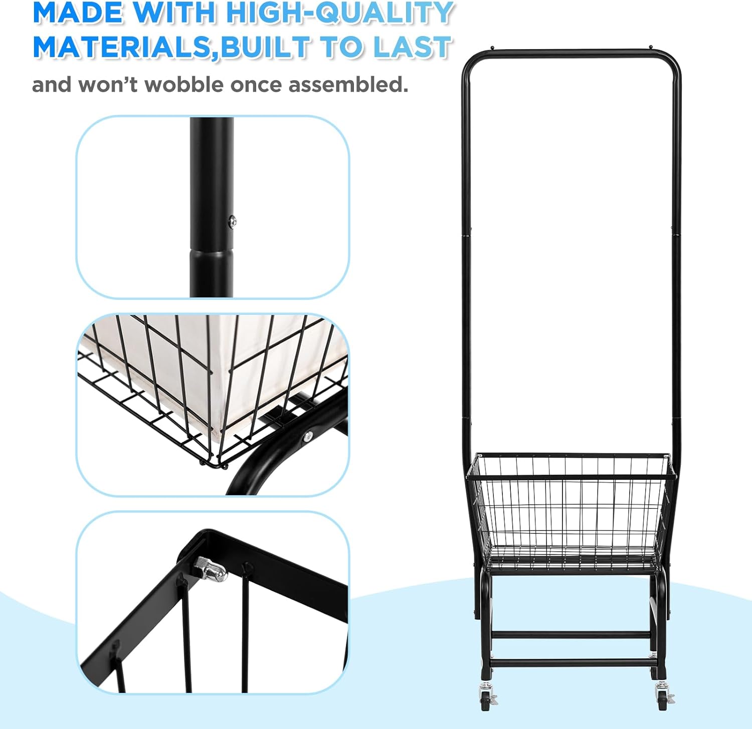 ALIMORDEN Laundry Cart with Clothes Rack, Rolling Laundry Cart with Wheels and Detachable Bags, Black