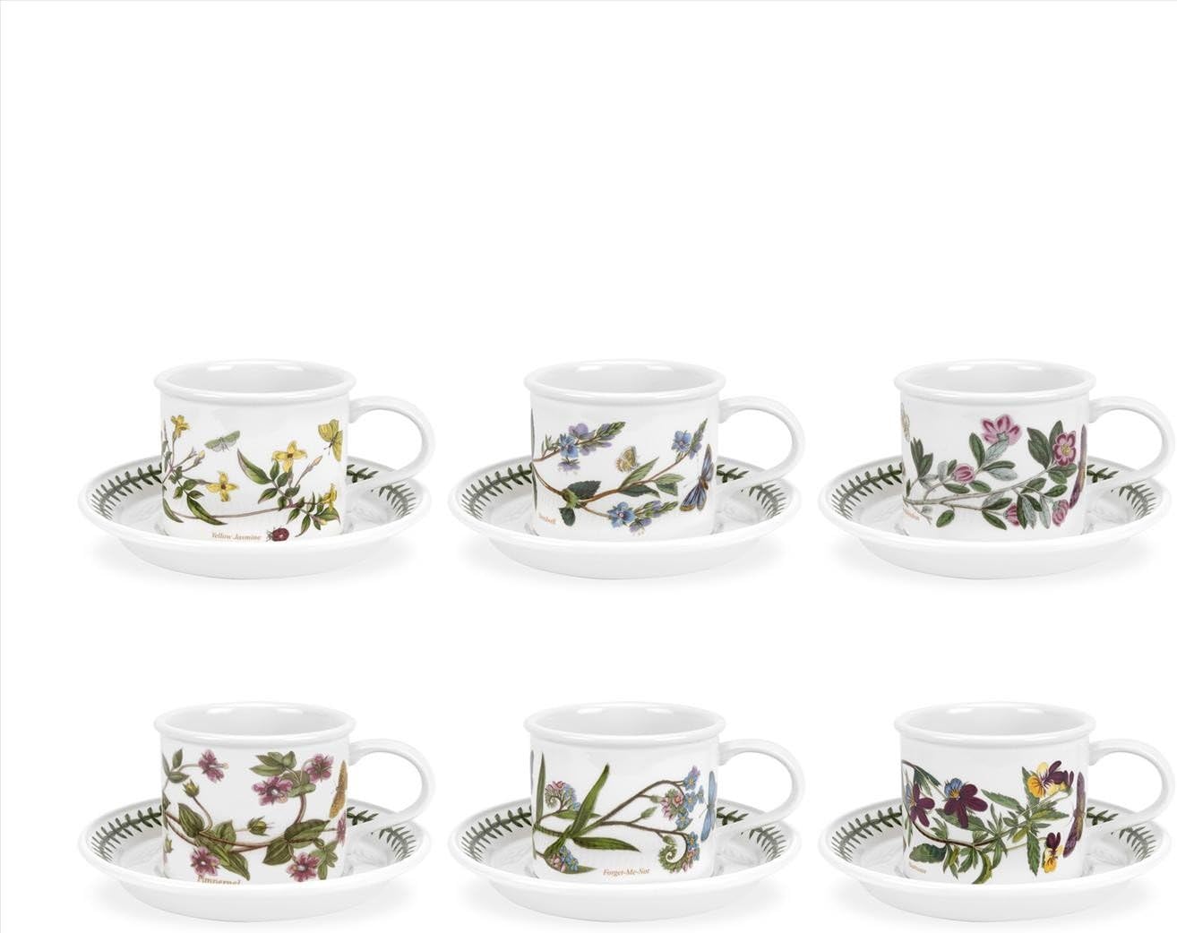 Portmeirion Botanic Garden 7oz Teacup & Saucer (Set of 4) - Poppy Motif, Drum Shaped Porcelain Tea Set, Chip-Resistant Glaze - Dishwasher, Microwave, Freezer, Oven Safe - Floral Afternoon Tea
