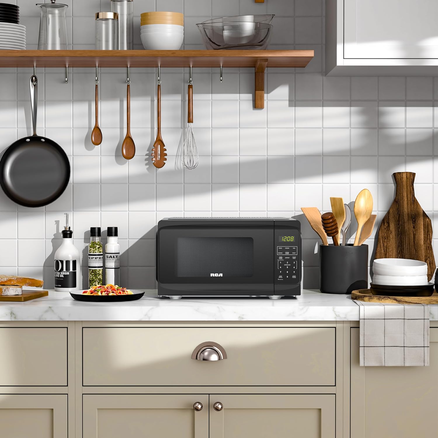 RCA RMW733-BLACK RMW733 0.7 Cu. Ft. Microwave, Black & BLACK+DECKER 2-Slice Toaster, T2569B, Extra Wide Slots, 6 Shade Settings, 850 Watts, Crub Tray, Cancel Button