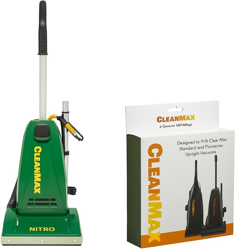 TTS Products CleanMax Green Nitro Commercial Upright Vacuum with 6 Replacement Bags – Tools, 40’ Cord, Automatic Height Adjustment, Metal Handle, Commercial Durability