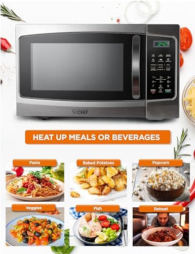 COMMERCIAL CHEF Microwave 1.3 Cu Ft with 10 Power Levels, Microwave with Pull Handle Door Lock, 1000W Countertop Microwave with Timer and Digital Controls, Stainless Steel