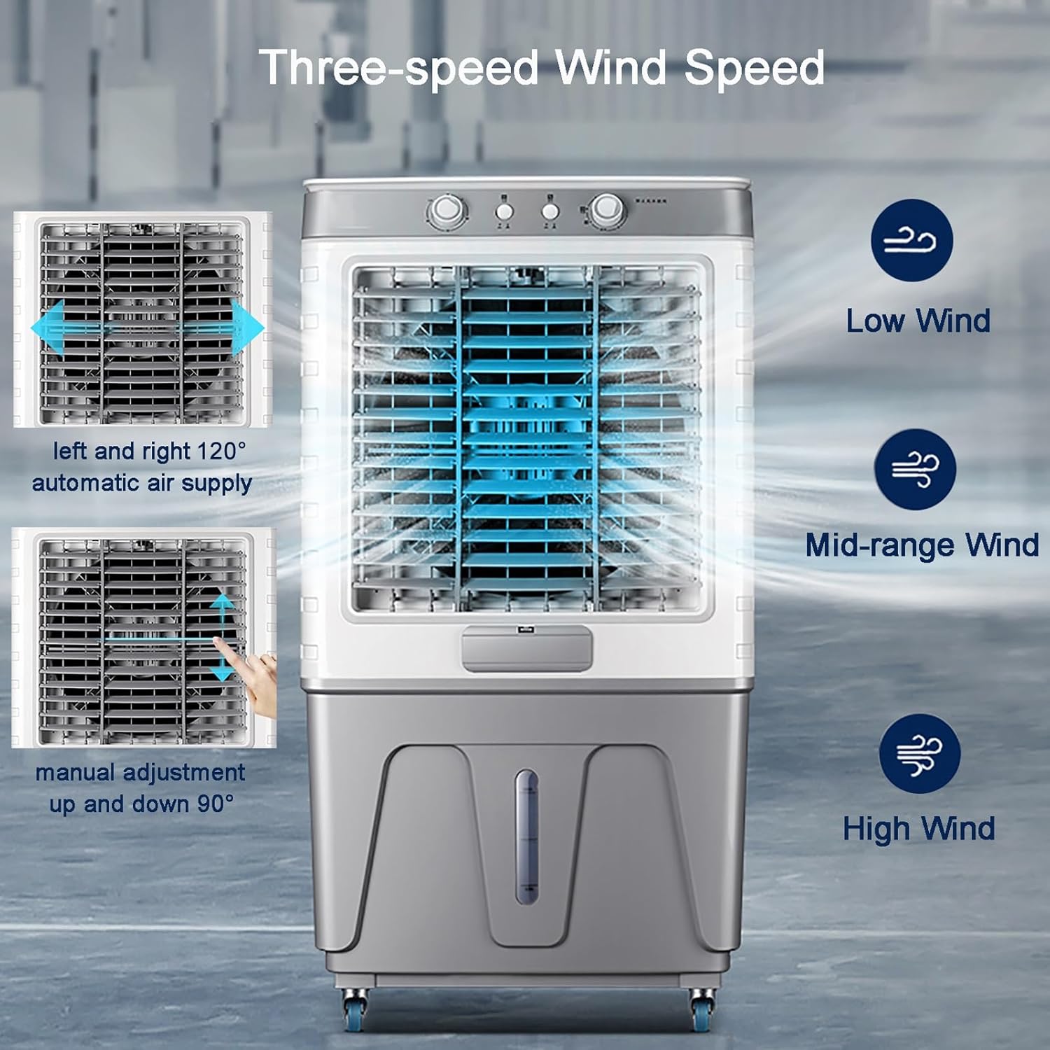 3 in 1 Portable Air Conditioner, Swamp Cooler, Evaporative Air Cooler Outdoor Cooling Fan, 120° Oscillating, 3 Speed for Patio Garage Industry Commercial Use(44.5x34x100cm/18x13x39inch)