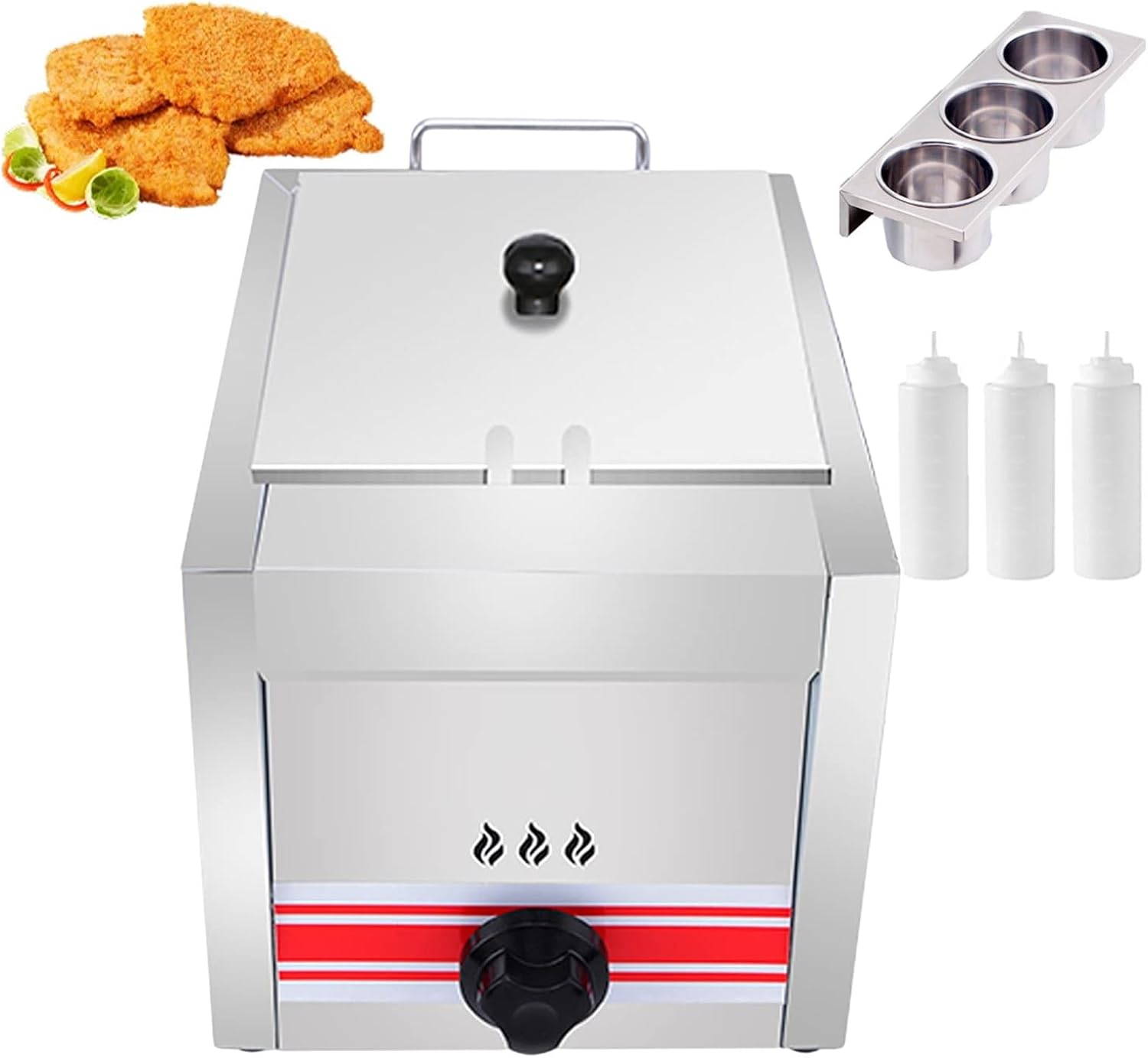 10L- Stainless Steel Gas Fryer, Commercial Gas Fryer with Basket, Splash-Proof Lid and Squeeze Condiment Bottles, Perfect for Fried Dough Sticks, Chips, Donuts, Fish, French Fries - Ea,