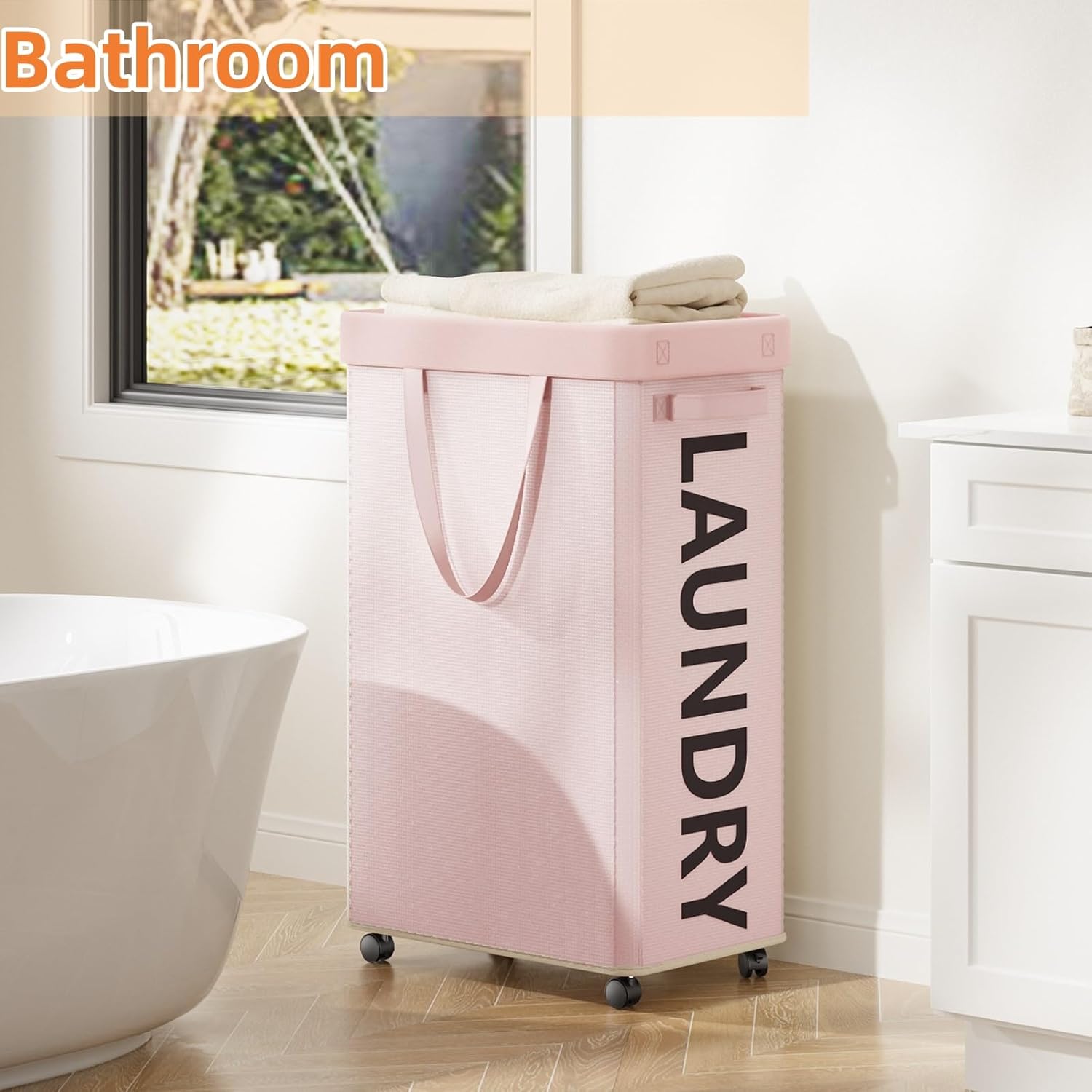 Pink Laundry Basket with Wheels, 90L Rolling Laundry Hamper with Wheels, Nursery Hamper on Wheel with Removable Mesh Bag for Clothes, Bedroom, Bathroom, Dorm