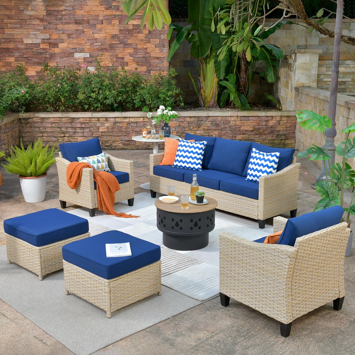 Patio Furniture Sectional Sofa 6-Piece Wood Fire Pit Outdoor Wicker Furniture Set Circular Steel Pit Table No-Slip Cushions Furniture(Blue)