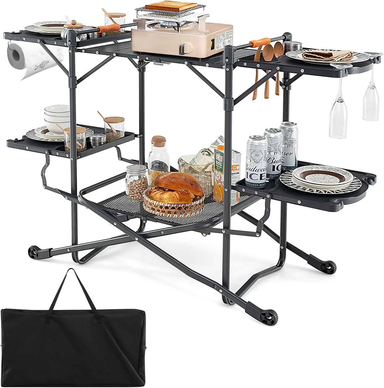 Goplus Camping Cooking Table, Outdoor Grill Table, Folding Camp Kitchen with Aluminum Tabletop, 4 Side Tables, Storage Rack, Portable Cook Station Prep Table for Outside Picnic BBQ RV Tailgate