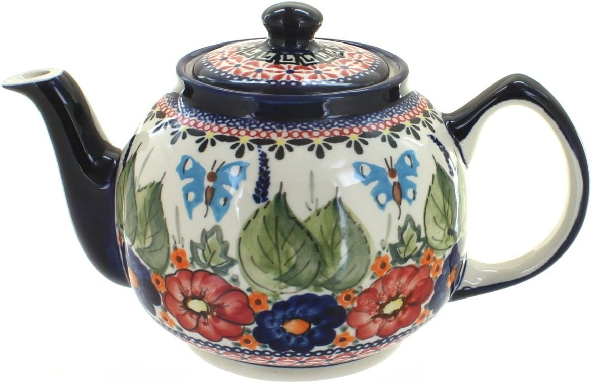 Blue Rose Polish Pottery - Red Floral Butterfly Medium Teapot - 4 Cup Capacity - Hand-Painted Polish Pottery Ceramic Coffee & Tea Server