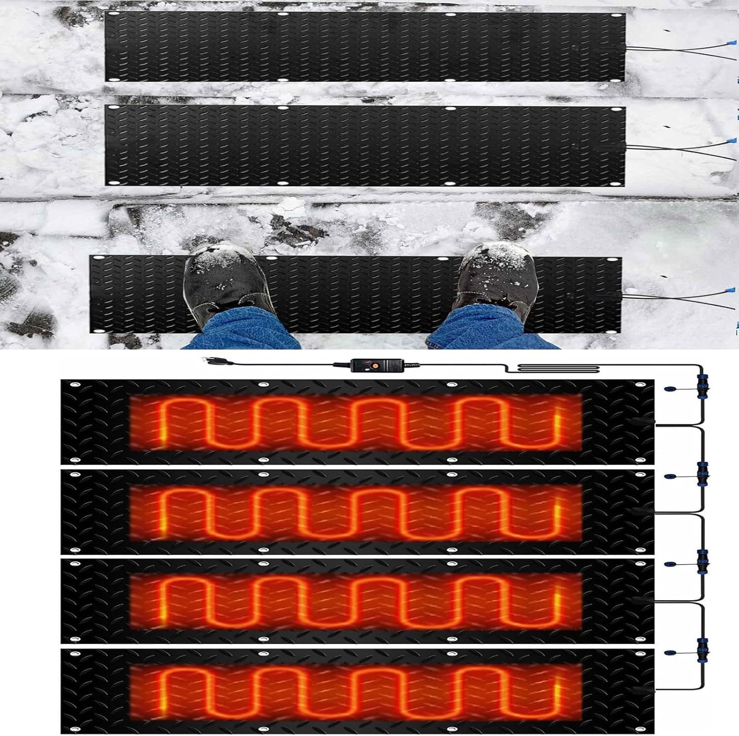 Heated Snow Melting Mats for Entrances, Electric Heated Foot Mat with Power Cord, Snow and Ice Heated Pad for Winter Outdoor Stairs, Steps, Doorways, Walkways, Drive,4 Pcs-40x200cm/15.7x79in