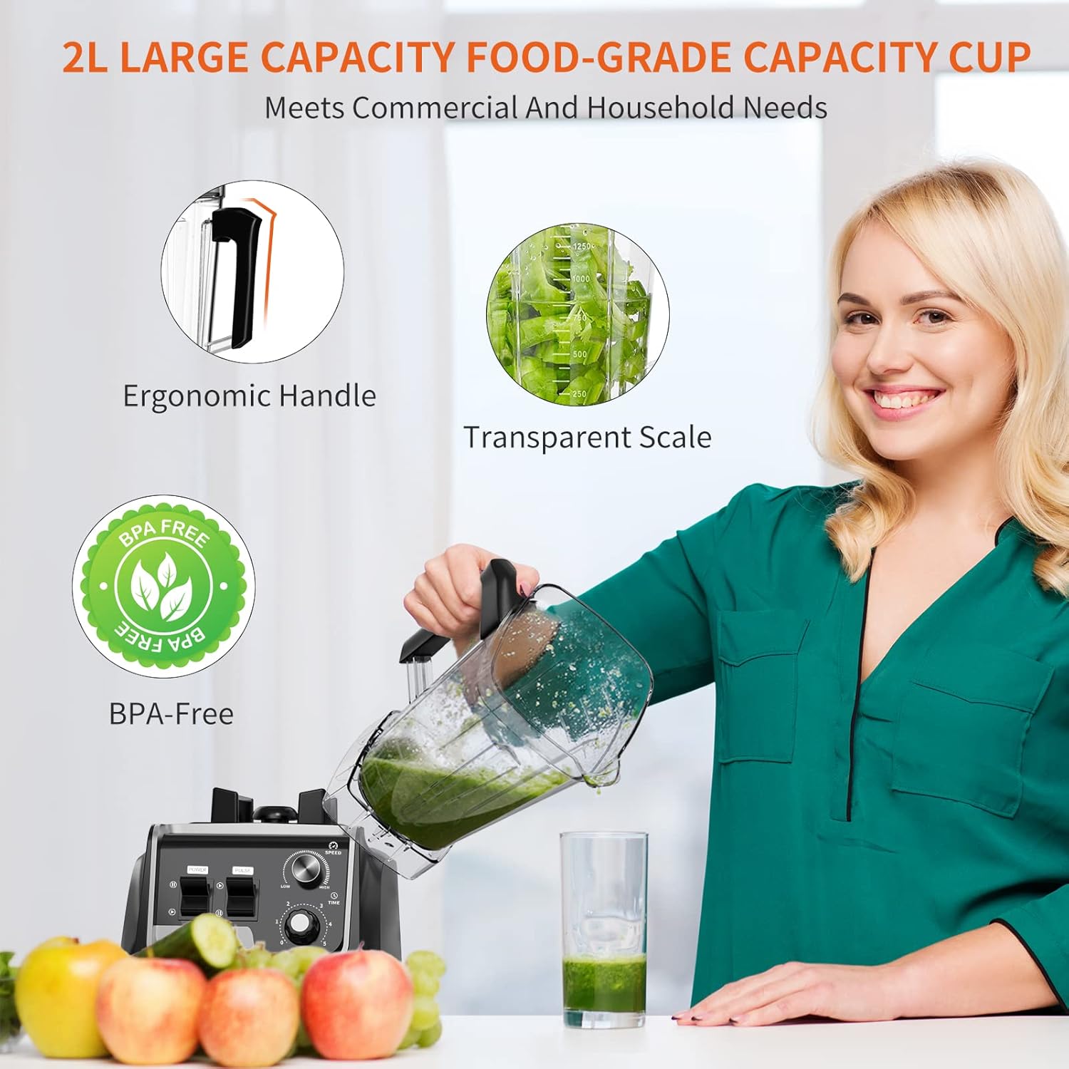 Professional Blender, 2200W High Power Food Blender with Timer, Heavy Duty Ice Blender, 68 OZ Smoothie Maker for Crushing Ice, Frozen Fruit, Fish