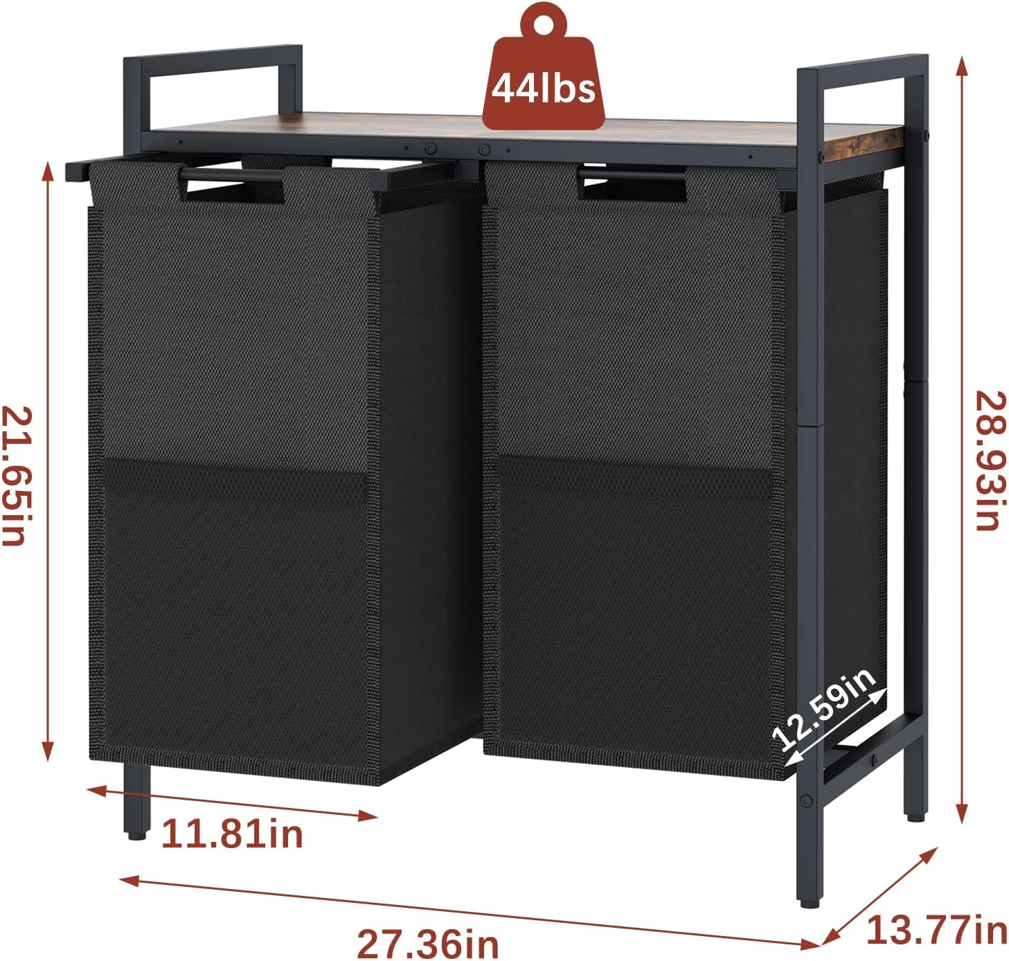 Laundry Hamper, double Laundry Basket, Laundry Sorter with Top Shelf & 2 Removable Washable Bags & Side Pockets for Laundry Room organization, Bathroom and Dorm, Rustic Brown and Black