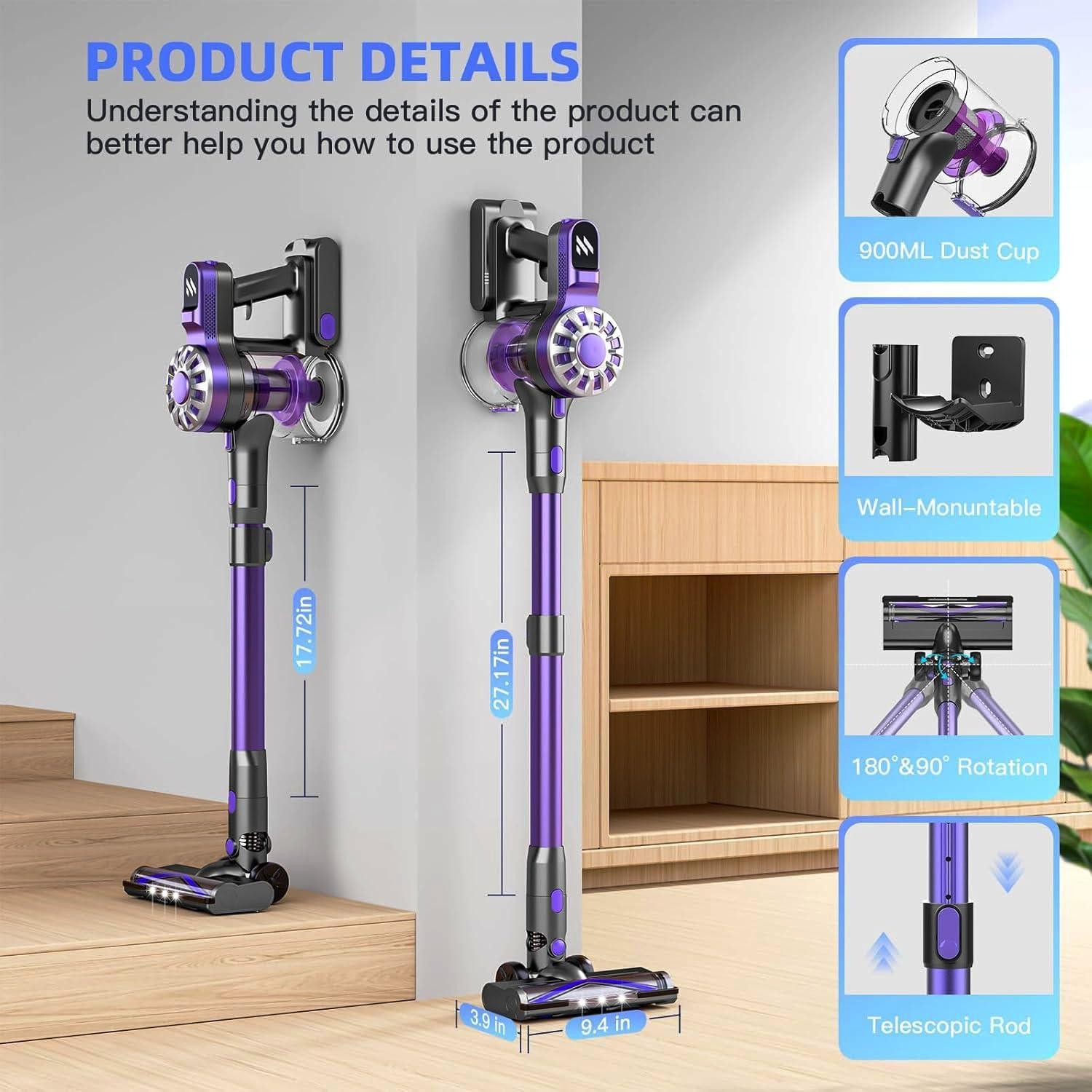 Cordless Vacuum Cleaner,Vacuum Cleaners for Home with Super Suction,Lightweight Stick Vacuum with 35 Mins Runtime,Rechargeable Cordless Vacuum for Carpet, Tile, Pet Hair, Hardwood Floors(Dark Purple)