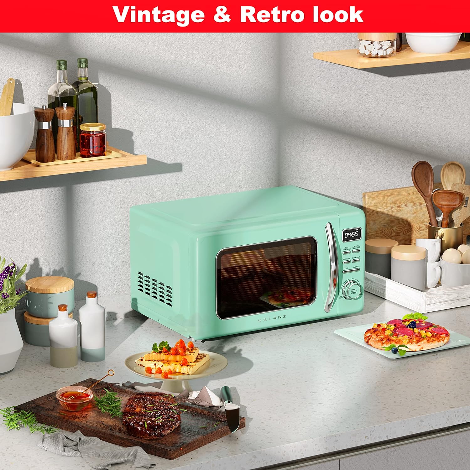 Galanz GLCMKZ09GNR09 Retro Countertop Microwave Oven with Auto Cook & Reheat, Defrost, Quick Start Functions, Easy Clean with Glass Turntable, Pull Handle.9 cu ft, Green