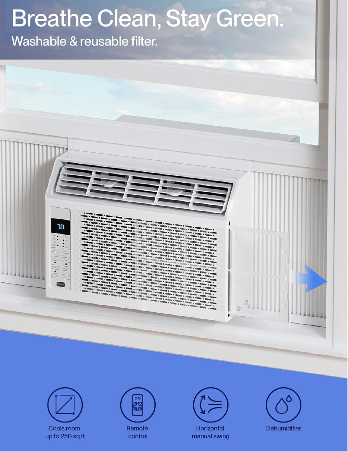 PURECLEAN 6,000 BTU Window Air Conditioner, Efficient Cooling for Small to Medium Rooms up to 250 Sq.Ft, Adjustable Airflow, Installation Kit Included