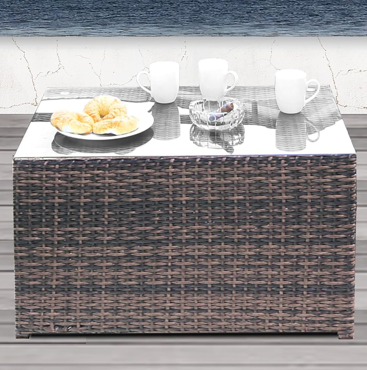 Charming Rectangular Fire Pit Table for Relaxation, Elegant Glass Top and Wicker Base, Outdoor Gatherings, Brown