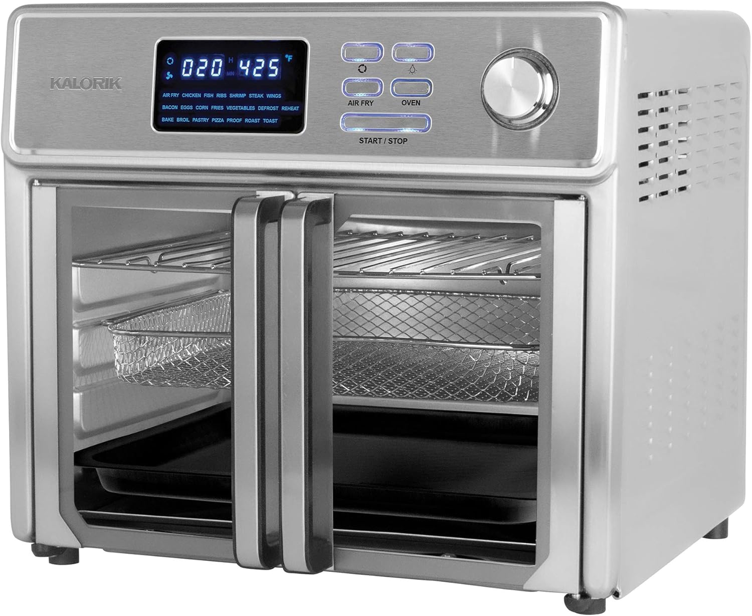 Kalorik 26 QT Digital Maxx Air Fryer Oven with 7 Accessories, Roaster, Broiler, Rotisserie, Dehydrator, Oven, Toaster, Pizza Oven and Slow Cooker. Includes Cookbook. Sears up to 500⁰F. Extra Large Capacity, All in One Appliance. Stainless Steel. AFO
