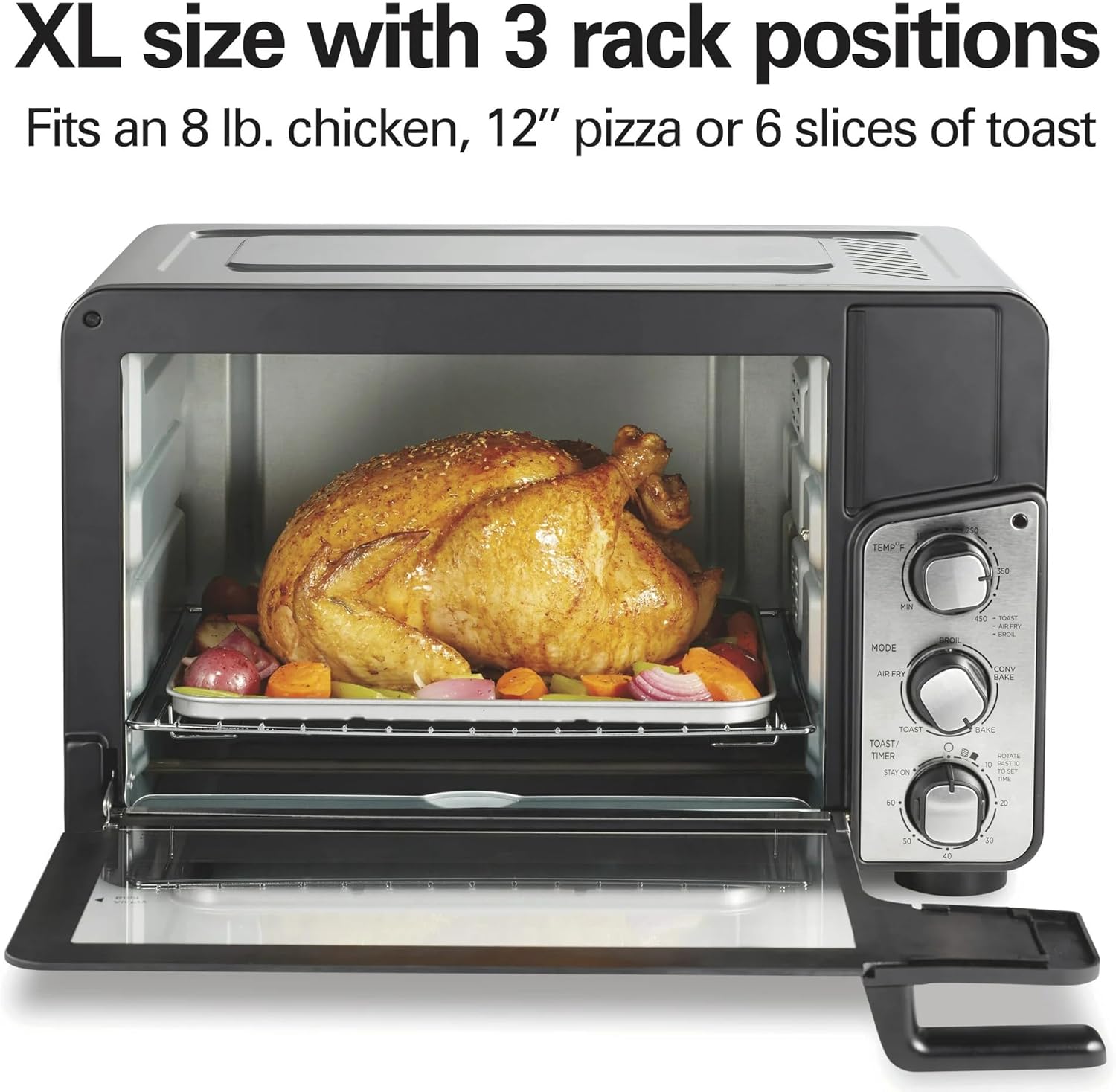 Hamilton-Beach Easy View XL Toaster Oven with Sure-Crisp® Air Fry, 1750W, 6-Slice Capacity, 12” Pizza Fit, 5 Cooking Modes, Extra-Large Window, Timer & Temp Control Dial, Air Fry Basket Included