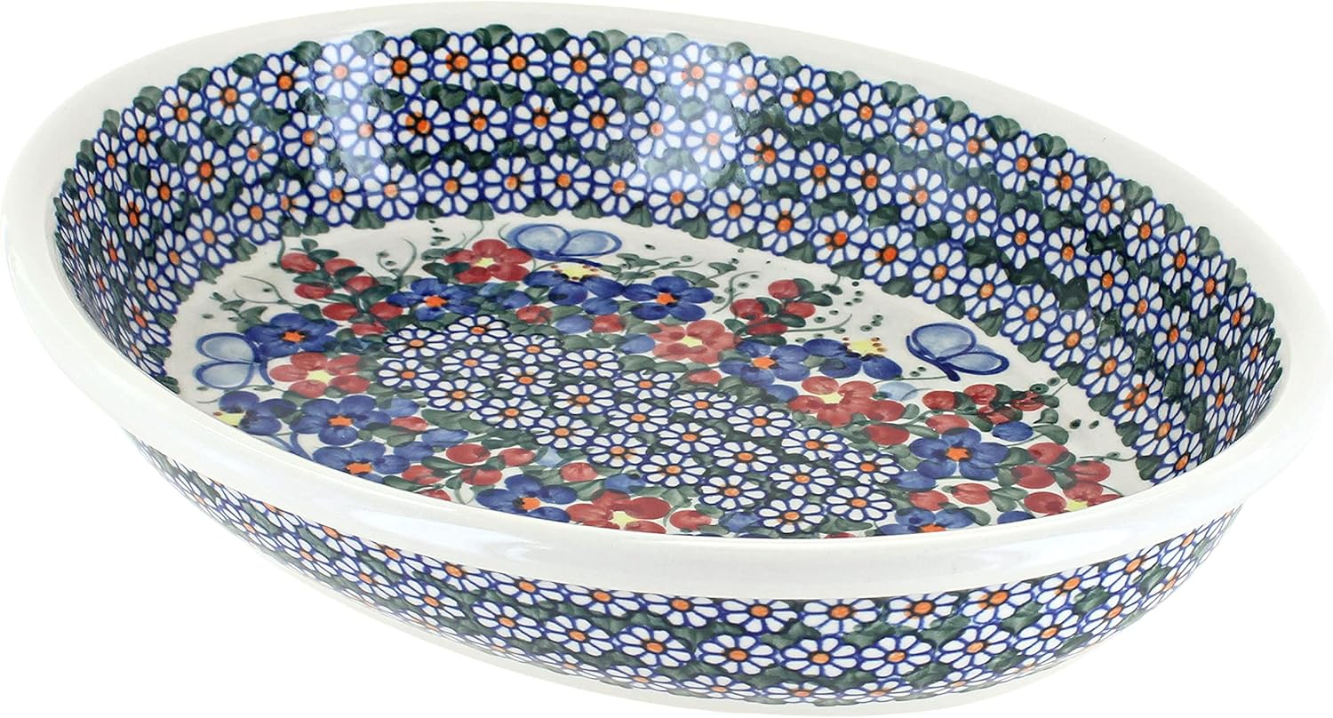 Blue Rose Polish Pottery - Red Garden Butterfly Oval Baker - 11.75