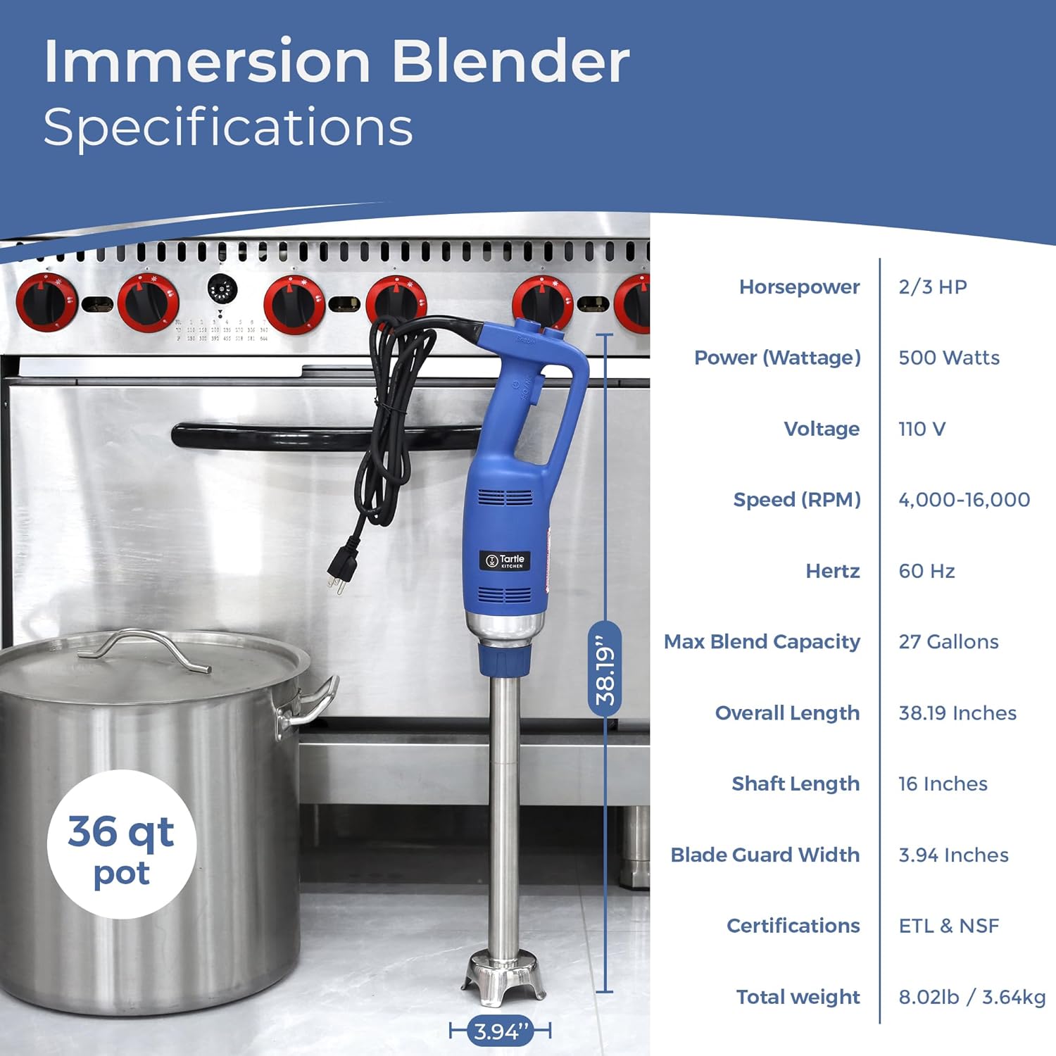 TK Commercial Immersion Blender, 500 Watt/.5 HP Variable Speed Motor, 16,000 RPM Heavy Duty with Performance Assurance - 16
