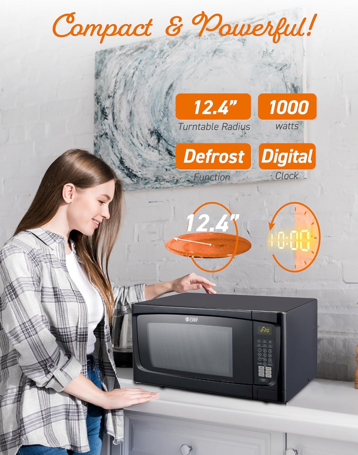 COMMERCIAL CHEF 1.6 Cubic Foot Microwave with 10 Power Levels, Small Microwave with Push Button, 1000 Watt Microwave with Digital Control Panels, Countertop Microwave with Timer, Black