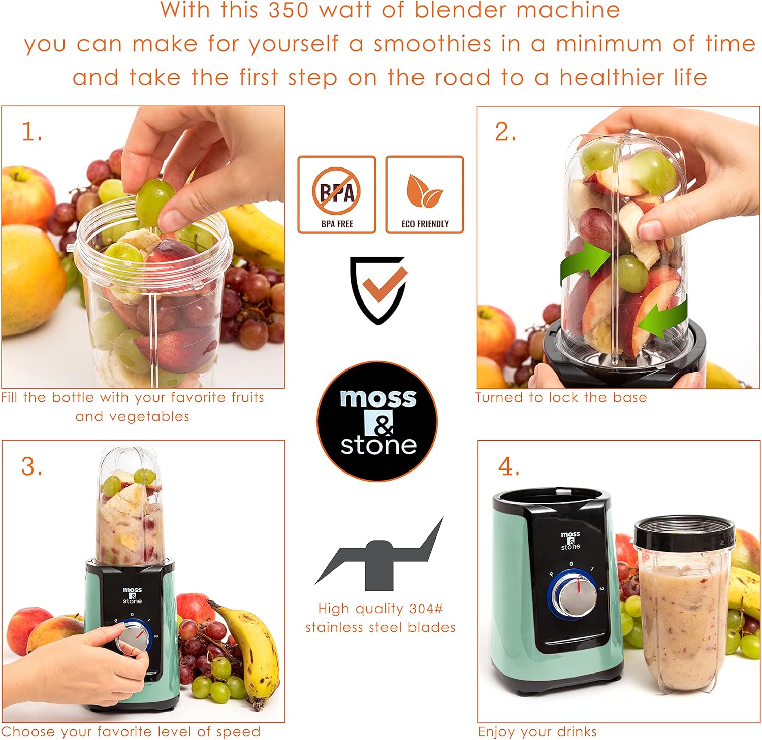 Moss & Stone MiniSmoothie Blender, Compact Personal Blender with Additional Cups Bullet Shape For Frozen Drinks, To-Go Portable Cups with Lids, Juice & Smoothie Maker