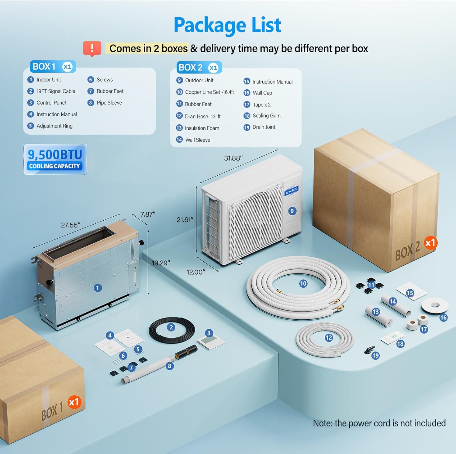 ROVSUN 9500 BTU Smart WIFI Ducted Mini Split AC/Heating System with Inverter, 24 SEER2 Concealed Duct Air Conditioner with Wired Controller, Pre-Charged Condenser, Heat Pump & Installation Kit, 230V