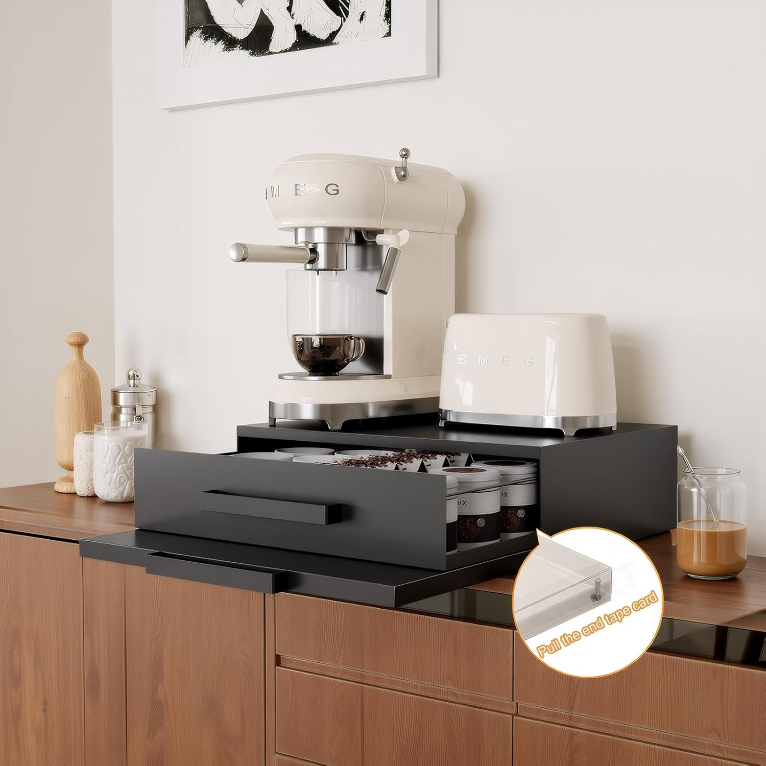 Steel Microwave Stand with Pull-Out Drawers & Shelves | Countertop Organizer for Compact Microwaves, Coffee Station & Kitchen Appliance Storage (Black+Drawer+Shelf)