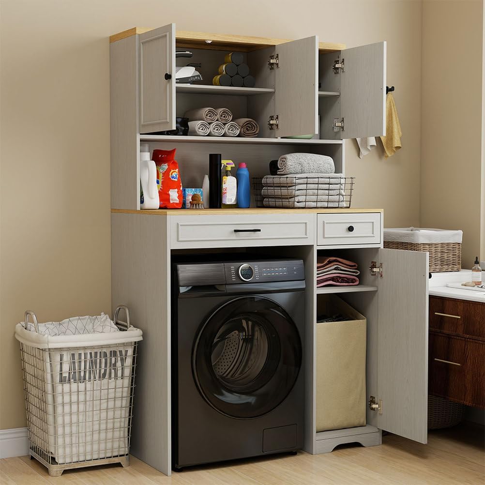 Over The Washer Dryer Storage Cabinet, Laundry Room Space Saver Cabinet with Laundry Basket, Over Washer Organizer with Adjustable Shelves, Drawer & Cabinets, Freestanding Laundry Storage Unit