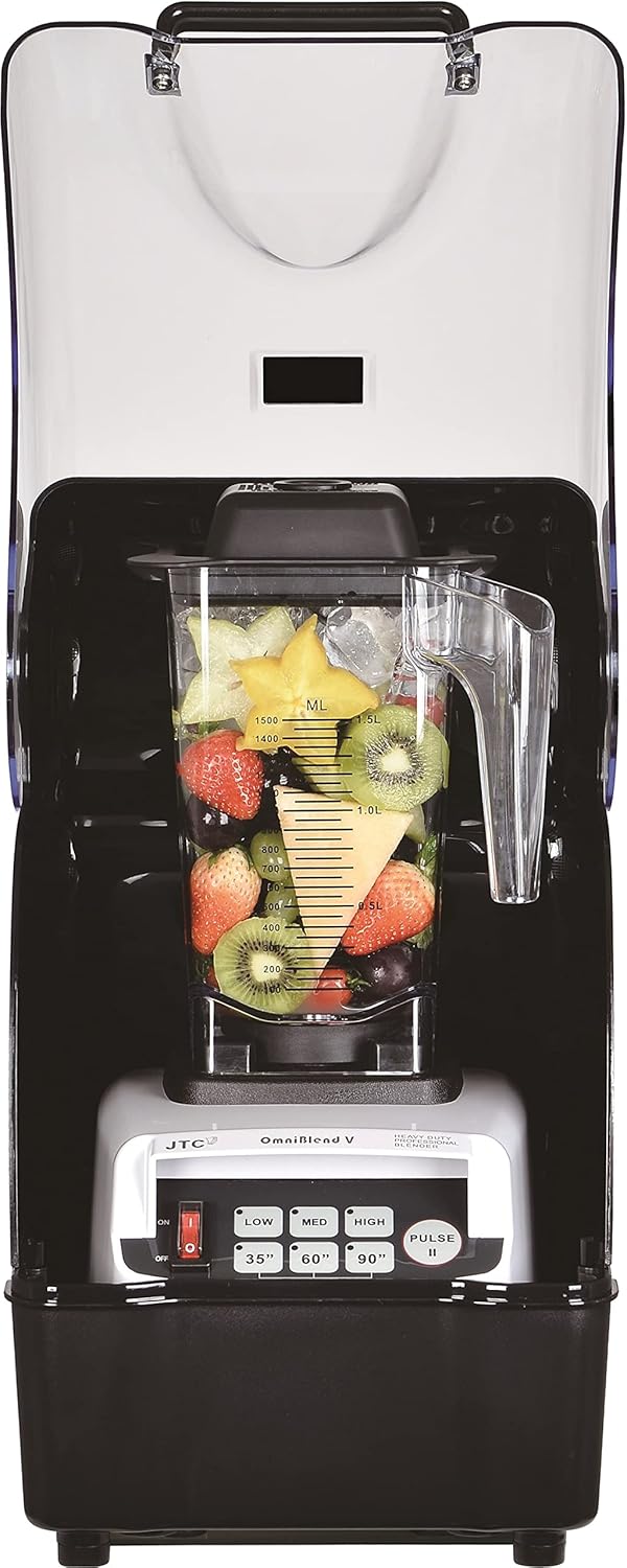 OmniBlend Omni-Q Commercial Blender with Full Sound Enclosure Shield, Quiet Heavy Duty 3-Speed, Self-Cleaning, Includes Multifunctional 2-in-1 Wet Dry Blades, 1.5 Liter Jar (White)