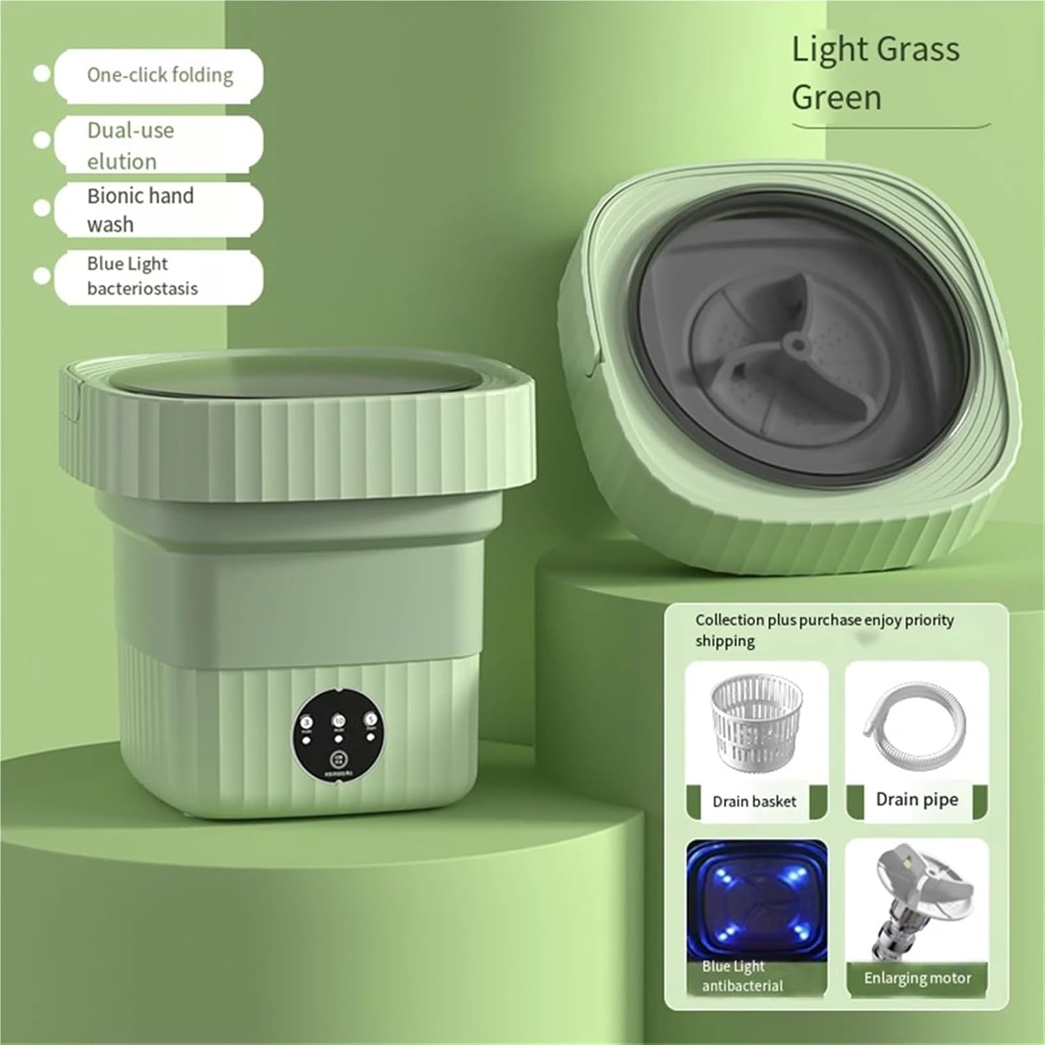 Compact Laundry. Ultrasonic Folding Portable Washing Machine 6L Big Capacity With Spin Dryer Bucket For Clothes Travel Home Underwear Socks .Portable(Green)