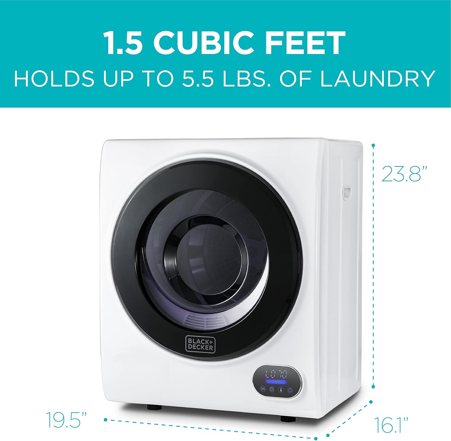 BLACK+DECKER 1.5 Cu. Ft. Compact Dryer, 5.5 lb. Capacity, 850W 120V Vented Electric Drying Machine with Stainless Steel Drum, Portable Dryer for Laundry for Standard Wall Outlet, BCED15, White