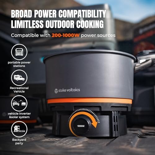 Nomad Cooking System, Electric Camping Stove 200-1000W with Pan & Pot, 120V Portable Outdoor Cooking Gear Set, Windproof Cookware for RV, EV, Overland, Vanlife, Car Camping